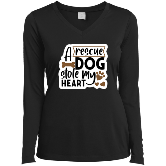 A Rescue Dog Stole My Heart Ladies’ Long Sleeve Performance V-Neck Tee