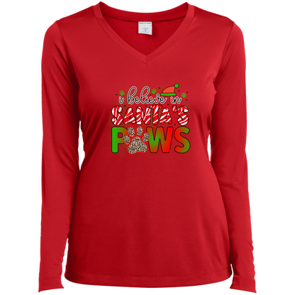 I Believe in Santa Paws Dog Christmas Ladies’ Long Sleeve Performance V-Neck Tee