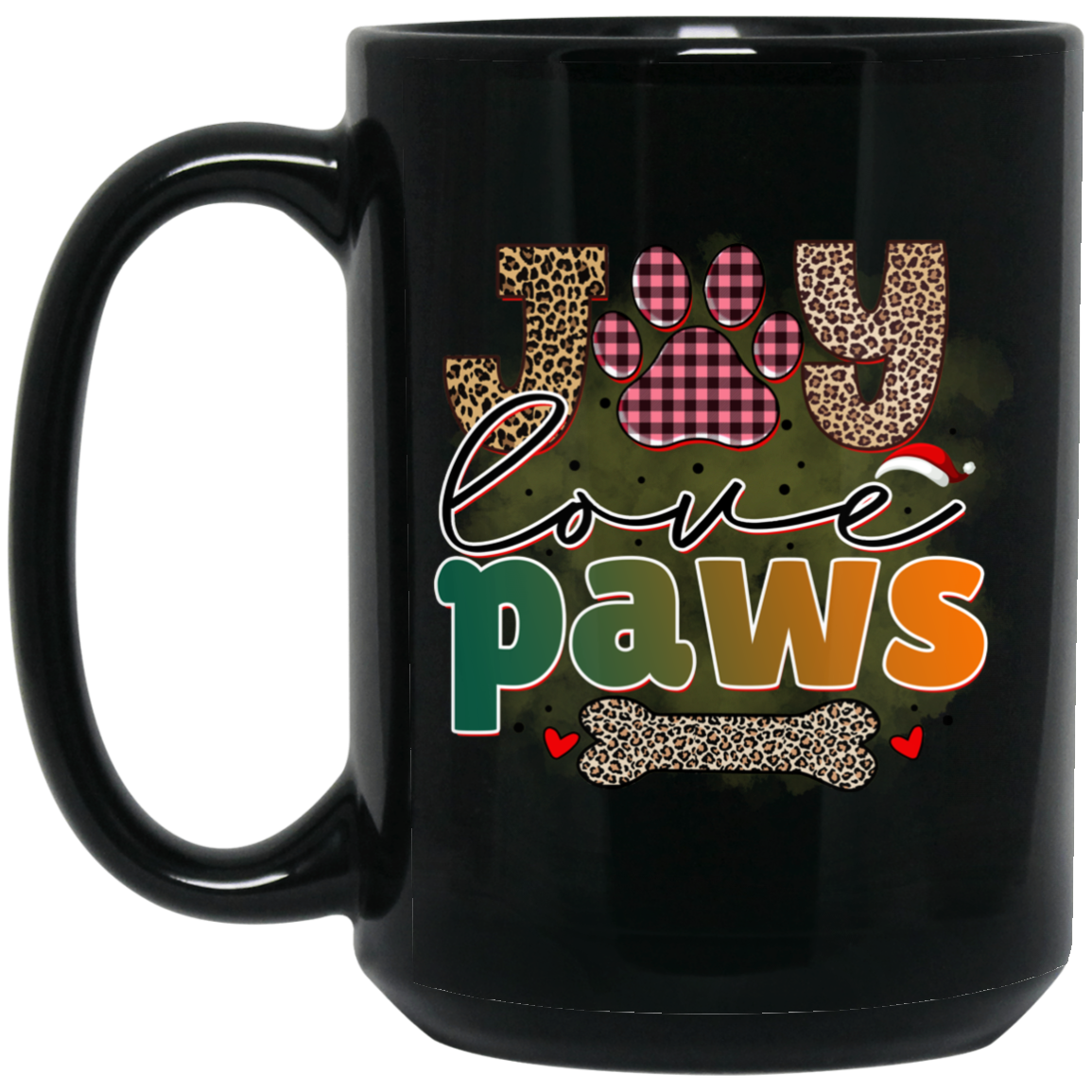Joy Love Paws Christmas Dog 15 oz. Black Mug