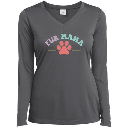 Fur Mama Paw Print Dog Rescue Ladies’ Long Sleeve Performance V-Neck Tee