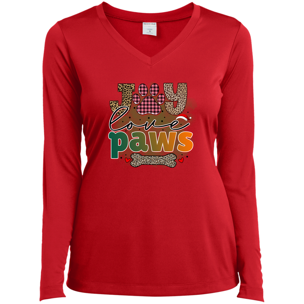 Joy Love Paws Dog Christmas Ladies’ Long Sleeve Performance V-Neck Tee