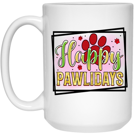 Happy Pawlidays Paw Print Christmas Dog 15 oz. White Mug