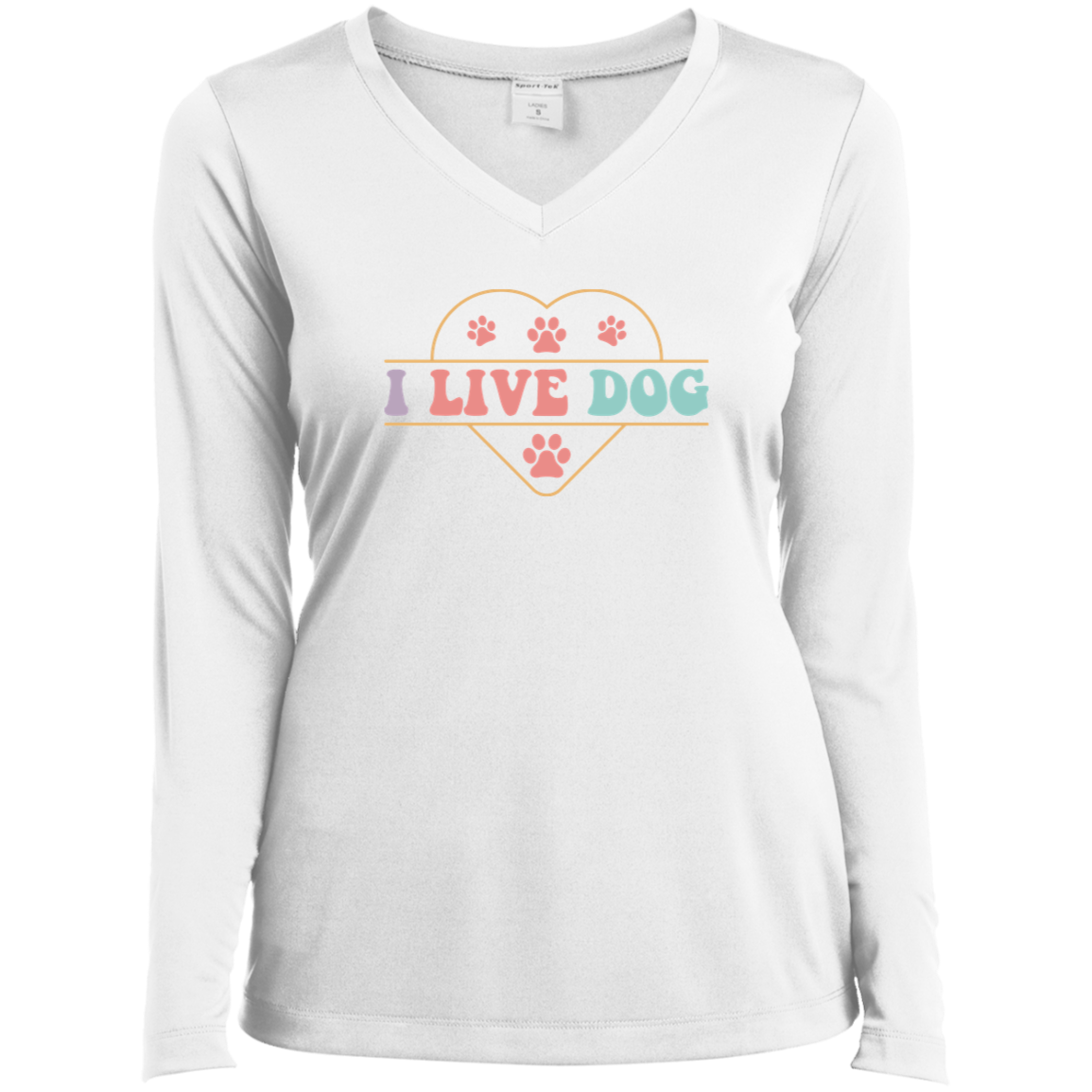 I Live Dog Paw Print Ladies’ Long Sleeve Performance V-Neck Tee