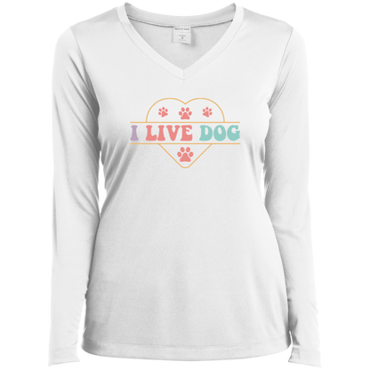 I Live Dog Paw Print Ladies’ Long Sleeve Performance V-Neck Tee