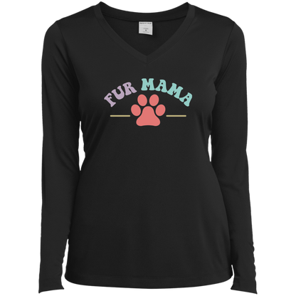 Fur Mama Paw Print Dog Rescue Ladies’ Long Sleeve Performance V-Neck Tee