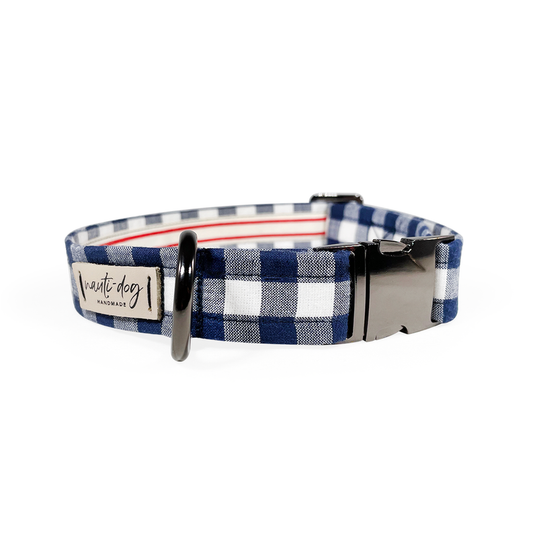 Buffalo Navy Check Plaid Oxford Buckle & Martingale Dog Collar