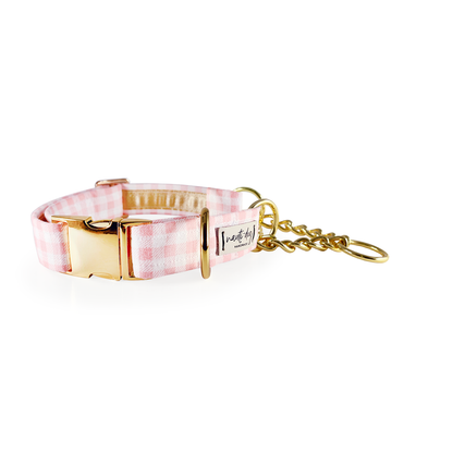 Gingham Pink Summer Plaid Check Buckle & Martingale Dog Collar