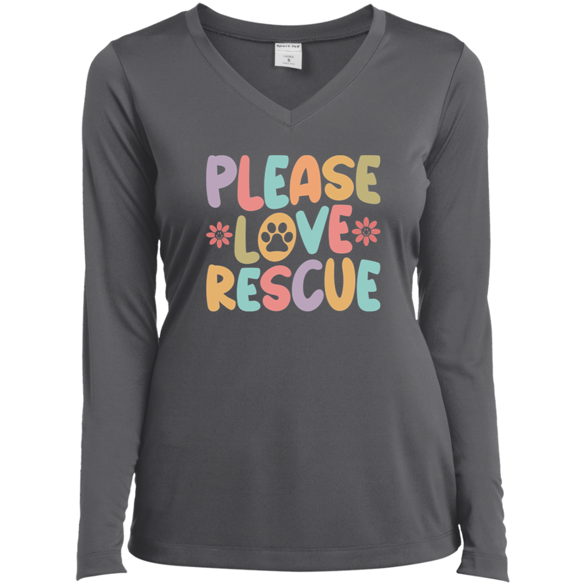 Please Love Rescue Dog Paw Print Ladies’ Long Sleeve Performance V-Neck Tee