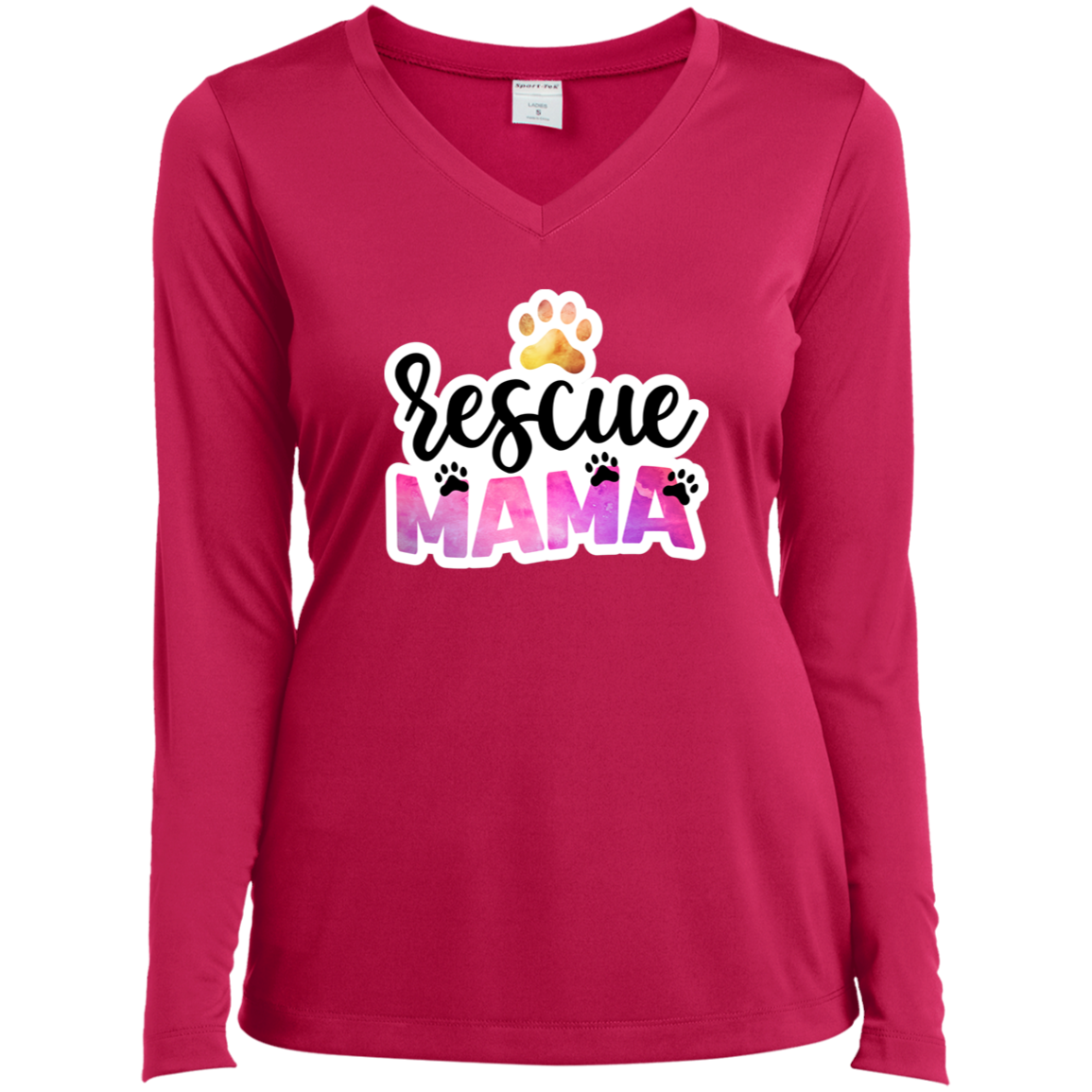 Rescue Mama Dog Paw Watercolor Ladies’ Long Sleeve Performance V-Neck Tee