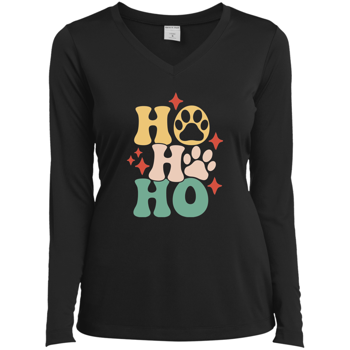 Ho Ho Ho Paws Dog Christmas Ladies’ Long Sleeve Performance V-Neck Tee