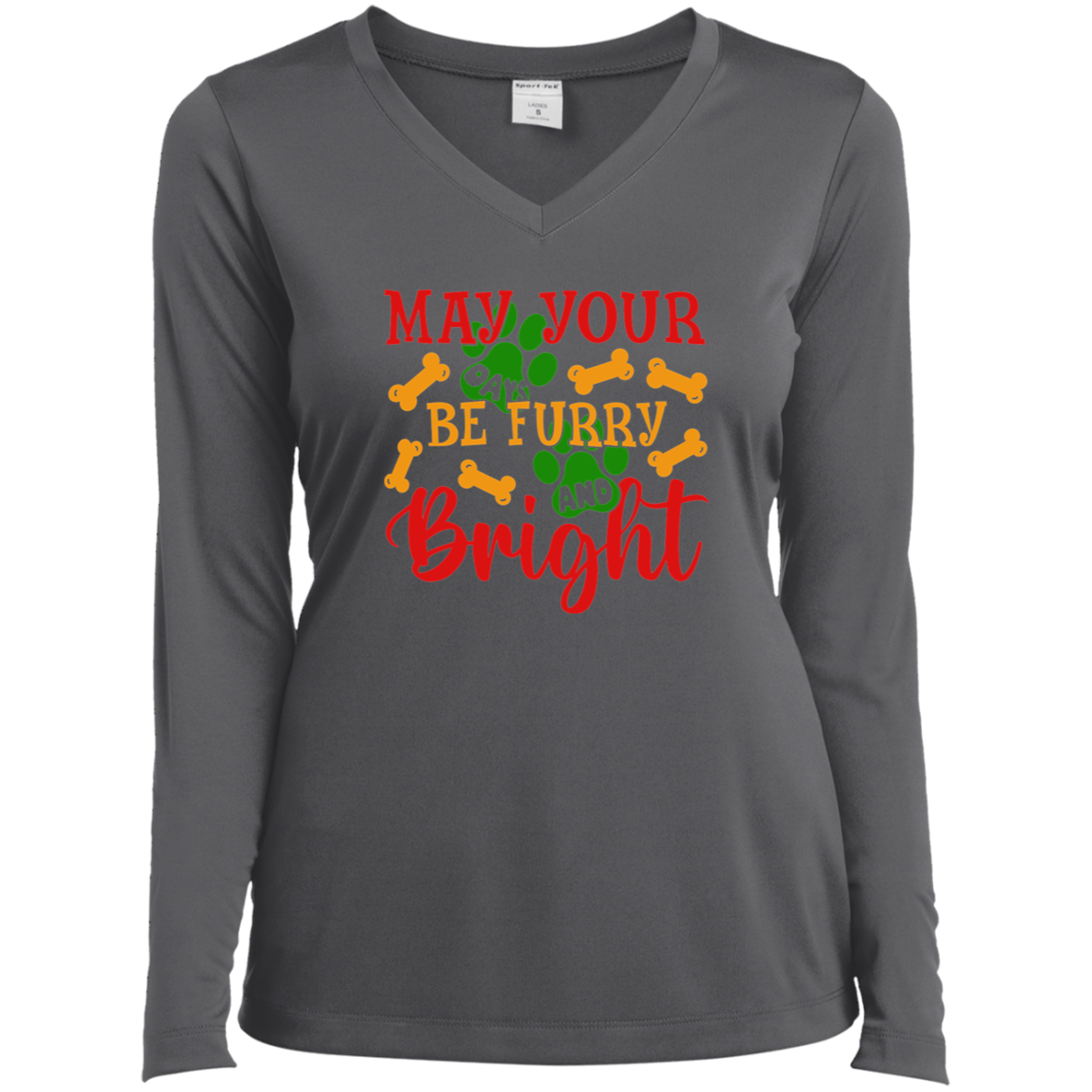 May Your Days Be Furry and Bright Dog Christmas Ladies’ Long Sleeve Performance V-Neck Tee