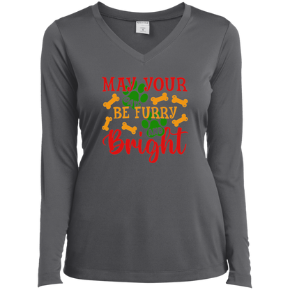 May Your Days Be Furry and Bright Dog Christmas Ladies’ Long Sleeve Performance V-Neck Tee