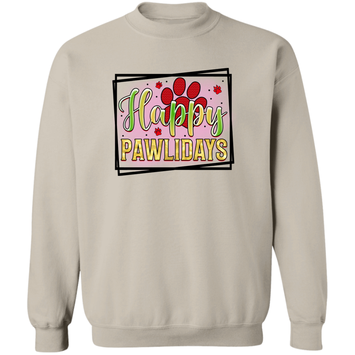 Happy Pawlidays Paw Print Dog Christmas Crewneck Pullover Sweatshirt