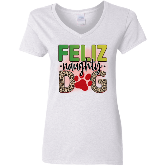 Feliz Naughty Dog Christmas Ladies' V-Neck T-Shirt