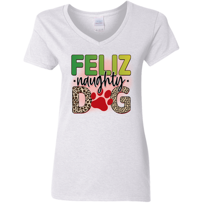Feliz Naughty Dog Christmas Ladies' V-Neck T-Shirt