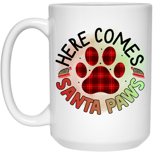Here Comes Santa Paws Christmas Dog 15 oz. White Mug