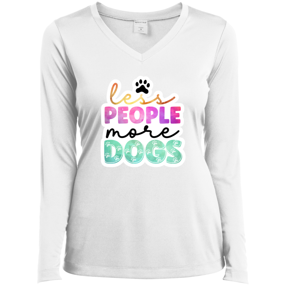 Less People More Dogs Watercolor Ladies’ Long Sleeve Performance V-Neck Tee