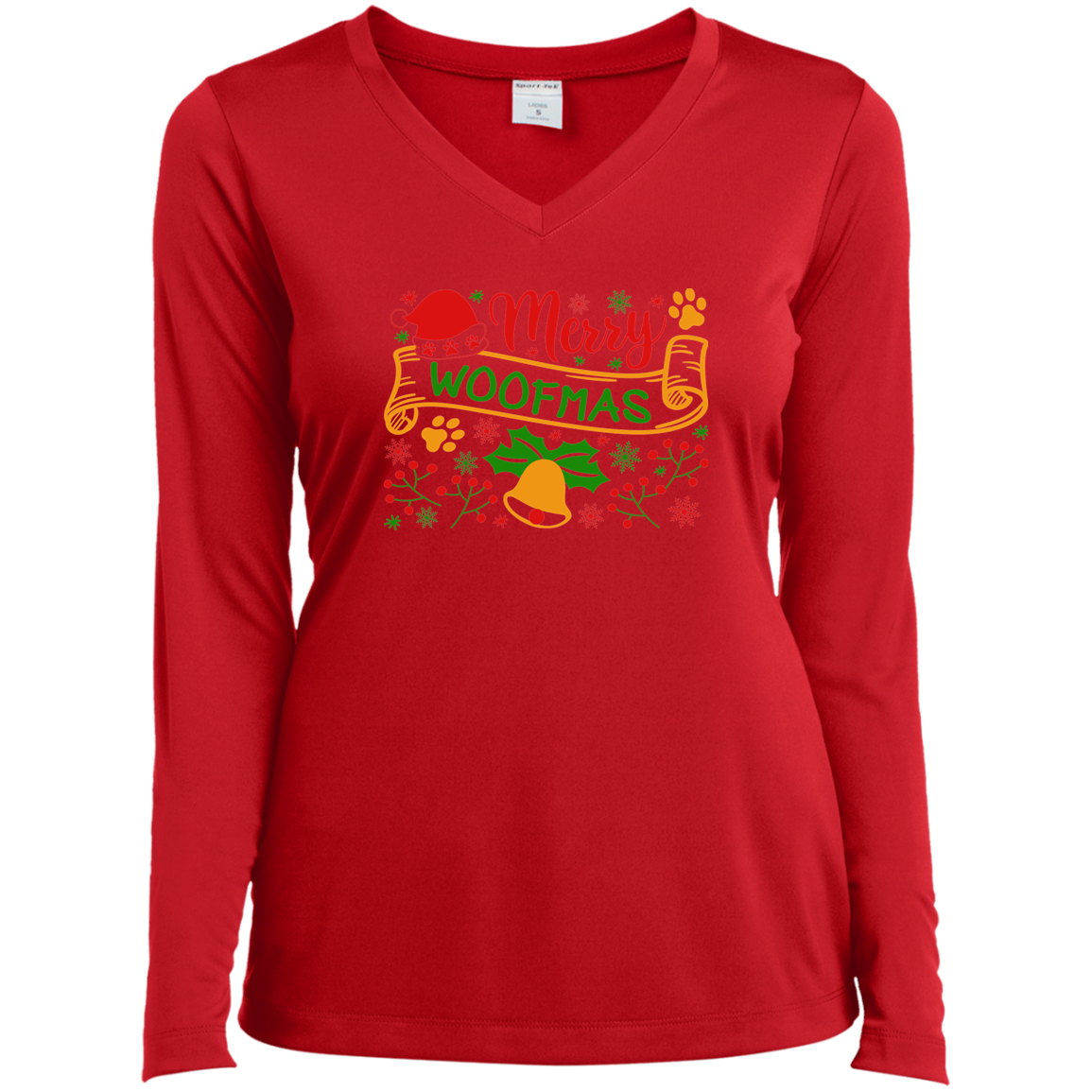 Merry Woofmas Dog Christmas Ladies’ Long Sleeve Performance V-Neck Tee