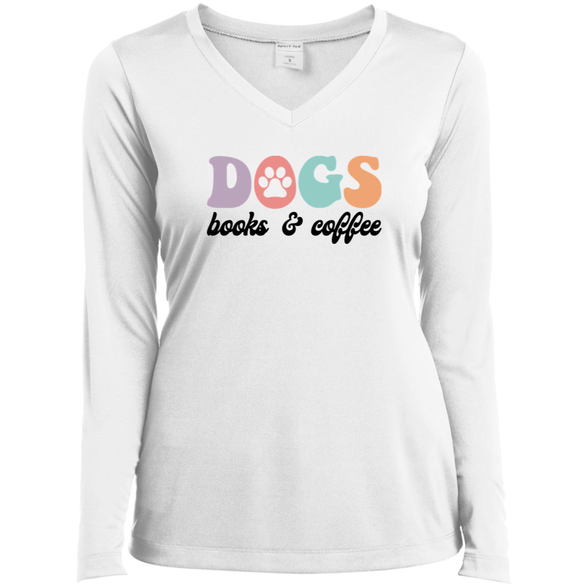Dogs Books & Coffee Ladies’ Long Sleeve Performance V-Neck Tee