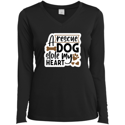 A Rescue Dog Stole My Heart Ladies’ Long Sleeve Performance V-Neck Tee