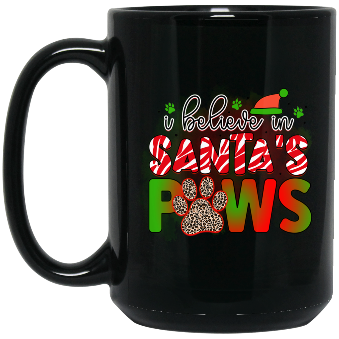 I Believe in Santa Paws Christmas Dog 15 oz. Black Mug