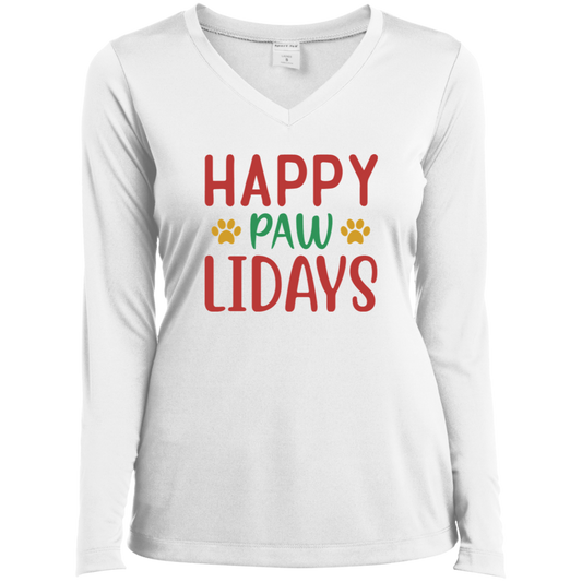 Happy Pawlidays Dog Christmas Ladies’ Long Sleeve Performance V-Neck Tee