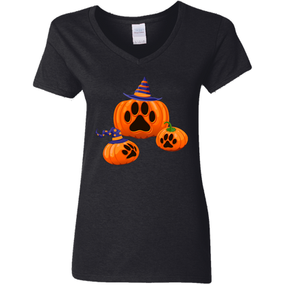 Halloween Paw Print Pumpkin Ladies' 5.3 oz. V-Neck T-Shirt