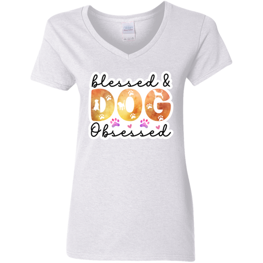 Blessed & Dog Obsessed Watercolor Ladies' V-Neck T-Shirt