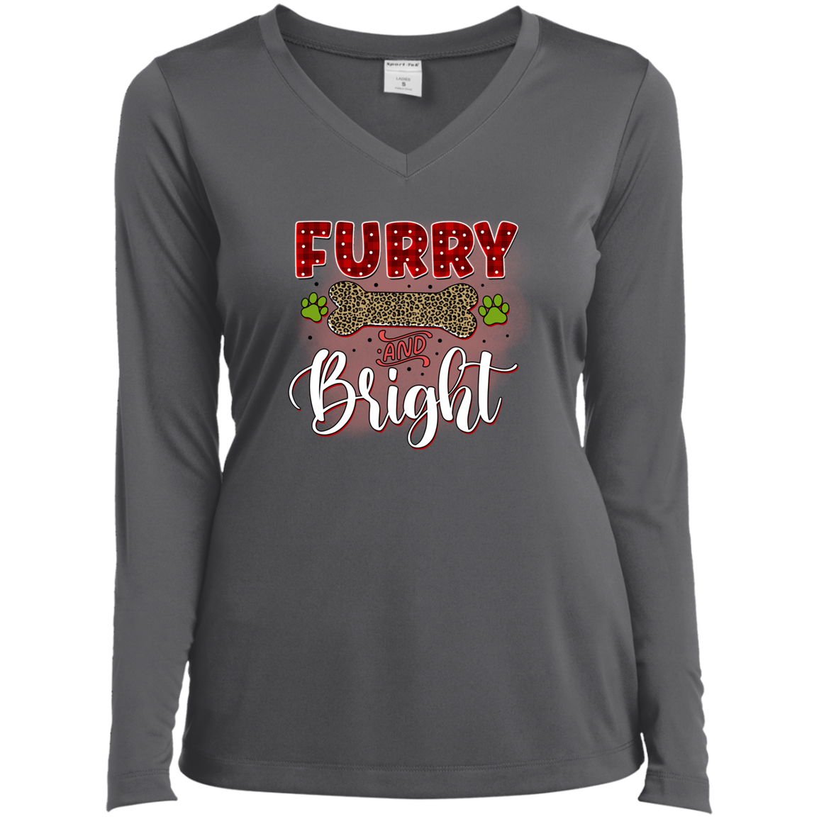 Furry & Bright Dog Christmas Ladies’ Long Sleeve Performance V-Neck Tee