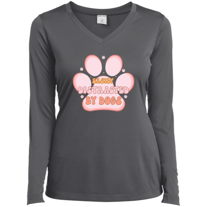 Easily Distracted by Dogs Ladies’ Long Sleeve Performance V-Neck Tee