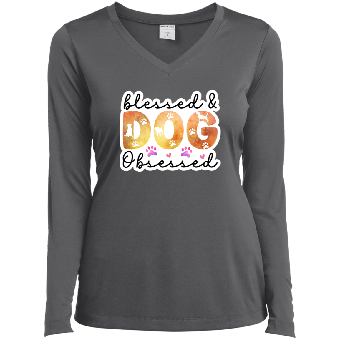 Blessed & Dog Obsessed Watercolor Ladies’ Long Sleeve Performance V-Neck Tee