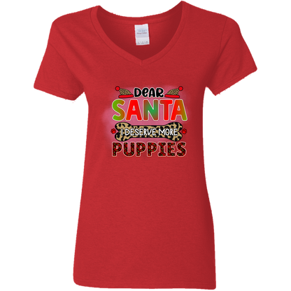 Dear Santa I Deserve More Puppies Dog Christmas Ladies' V-Neck T-Shirt