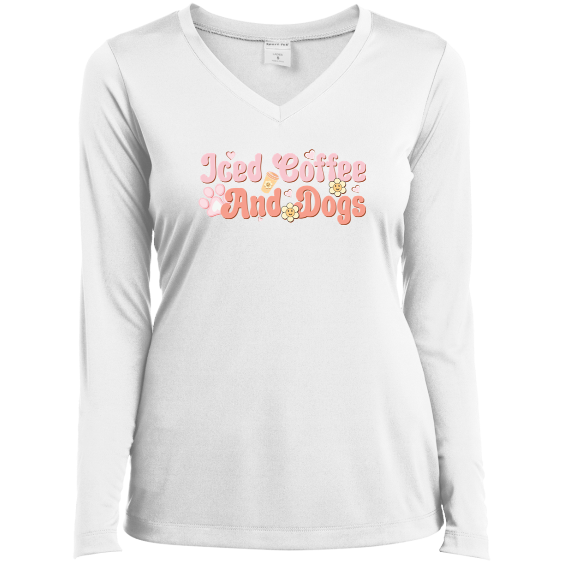 Iced Coffee and Dogs Retro Daisy Ladies’ Long Sleeve Performance V-Neck Tee