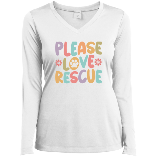 Please Love Rescue Dog Paw Print Ladies’ Long Sleeve Performance V-Neck Tee