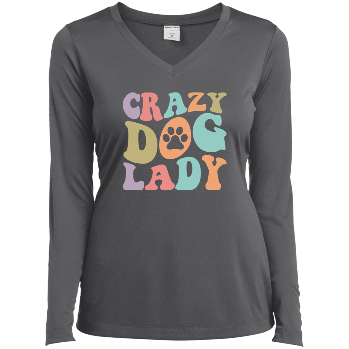 Crazy Dog Lady Paw Print Ladies’ Long Sleeve Performance V-Neck Tee