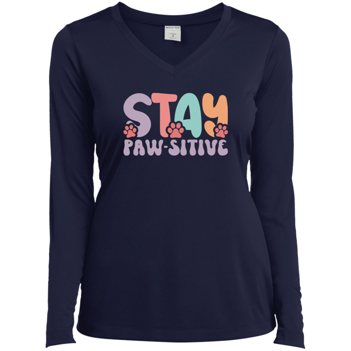 Stay Pawsitive Dog Rescue Ladies’ Long Sleeve Performance V-Neck Tee