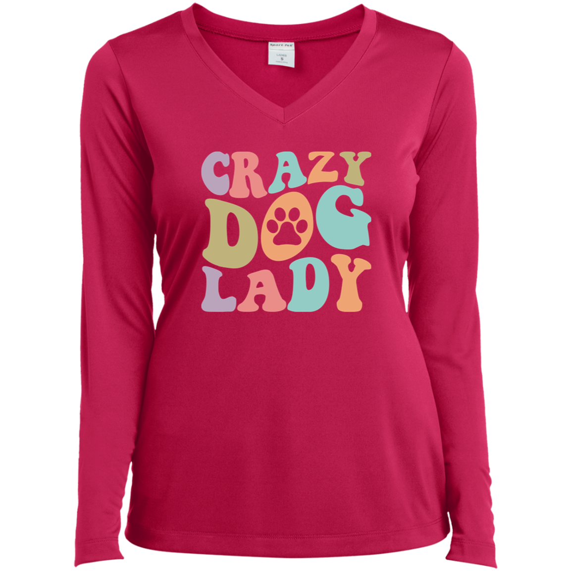 Crazy Dog Lady Paw Print Ladies’ Long Sleeve Performance V-Neck Tee