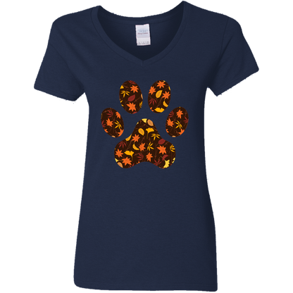 Fall Leaves Paw Print Ladies' V-Neck T-Shirt