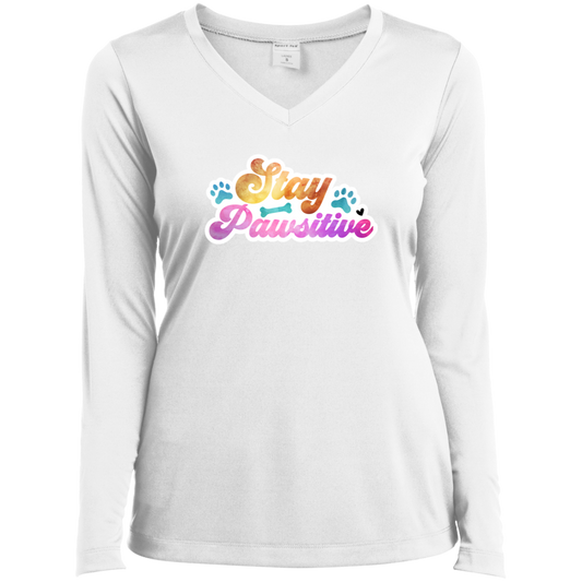 Stay Pawsitive Dog Watercolor Ladies’ Long Sleeve Performance V-Neck Tee