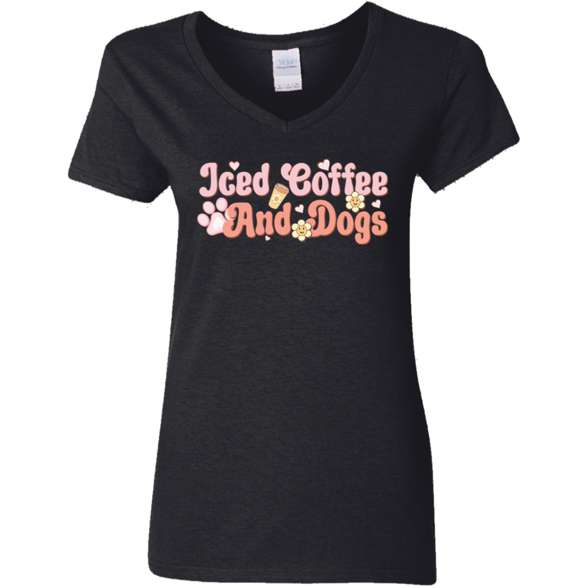 Iced Coffee and Dogs Retro Daisy Ladies' V-Neck T-Shirt