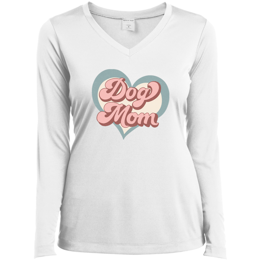 Dog Mom Retro Print with Hearts Ladies’ Long Sleeve Performance V-Neck Tee
