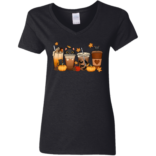 Kitten Fall Halloween Coffee Ladies' 5.3 oz. V-Neck T-Shirt