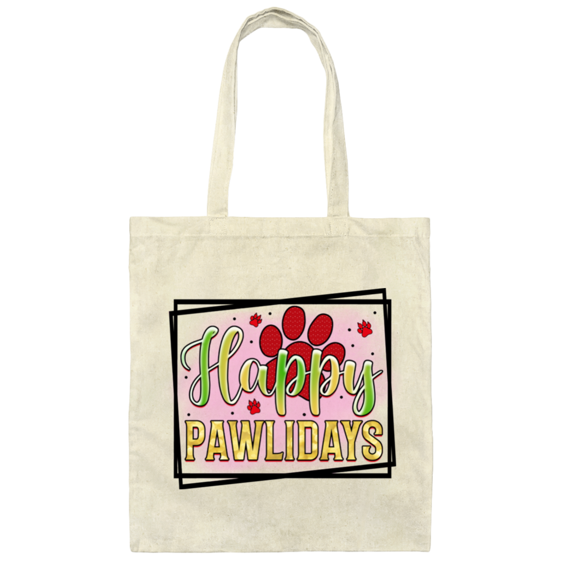 Happy Pawlidays Paw Print Christmas Dog Canvas Tote Bag