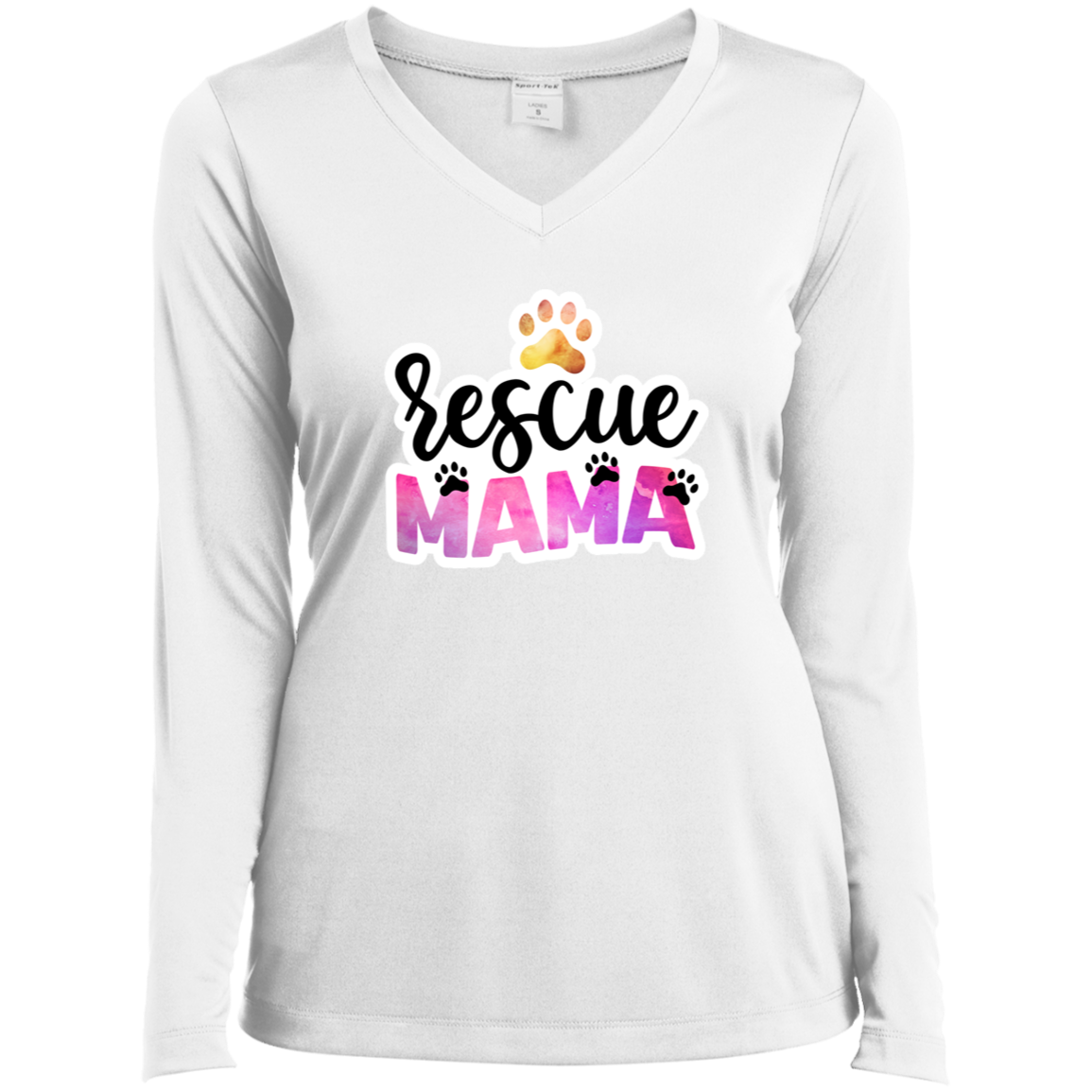 Rescue Mama Dog Paw Watercolor Ladies’ Long Sleeve Performance V-Neck Tee
