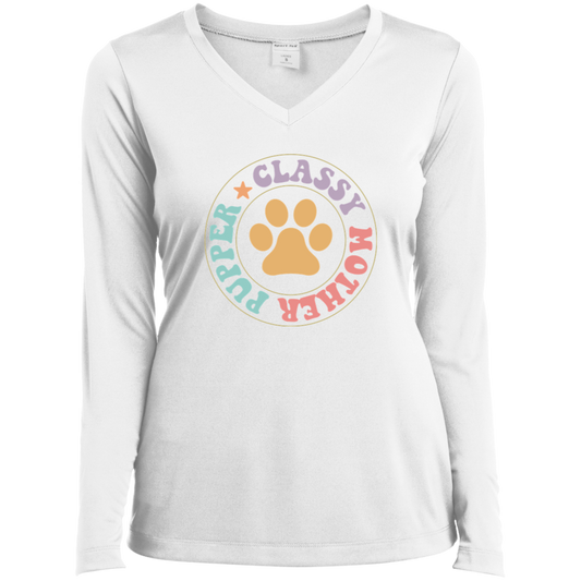 Classy Mother Pupper Dog Mom Ladies’ Long Sleeve Performance V-Neck Tee