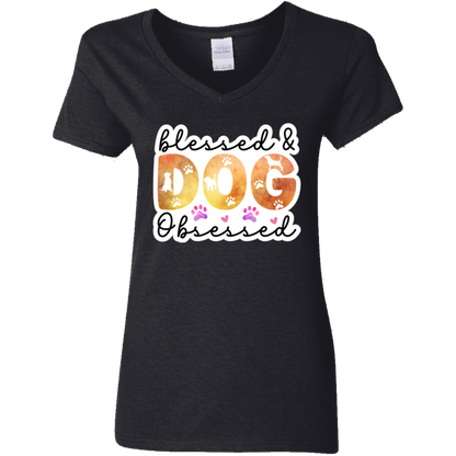 Blessed & Dog Obsessed Watercolor Ladies' V-Neck T-Shirt
