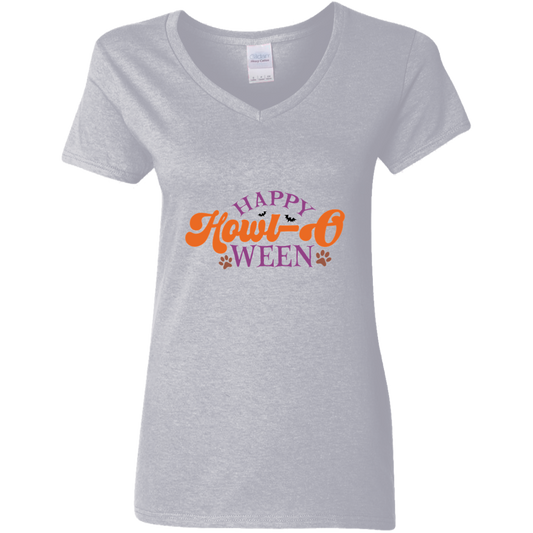 Happy Howl-o-ween Paw Print Halloween Dog  Ladies' V-Neck T-Shirt