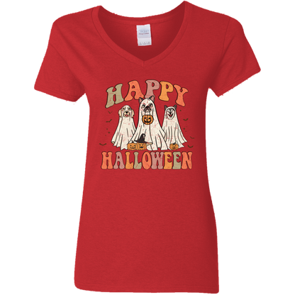 Happy Halloween Ghost Dogs Ladies' V-Neck T-Shirt