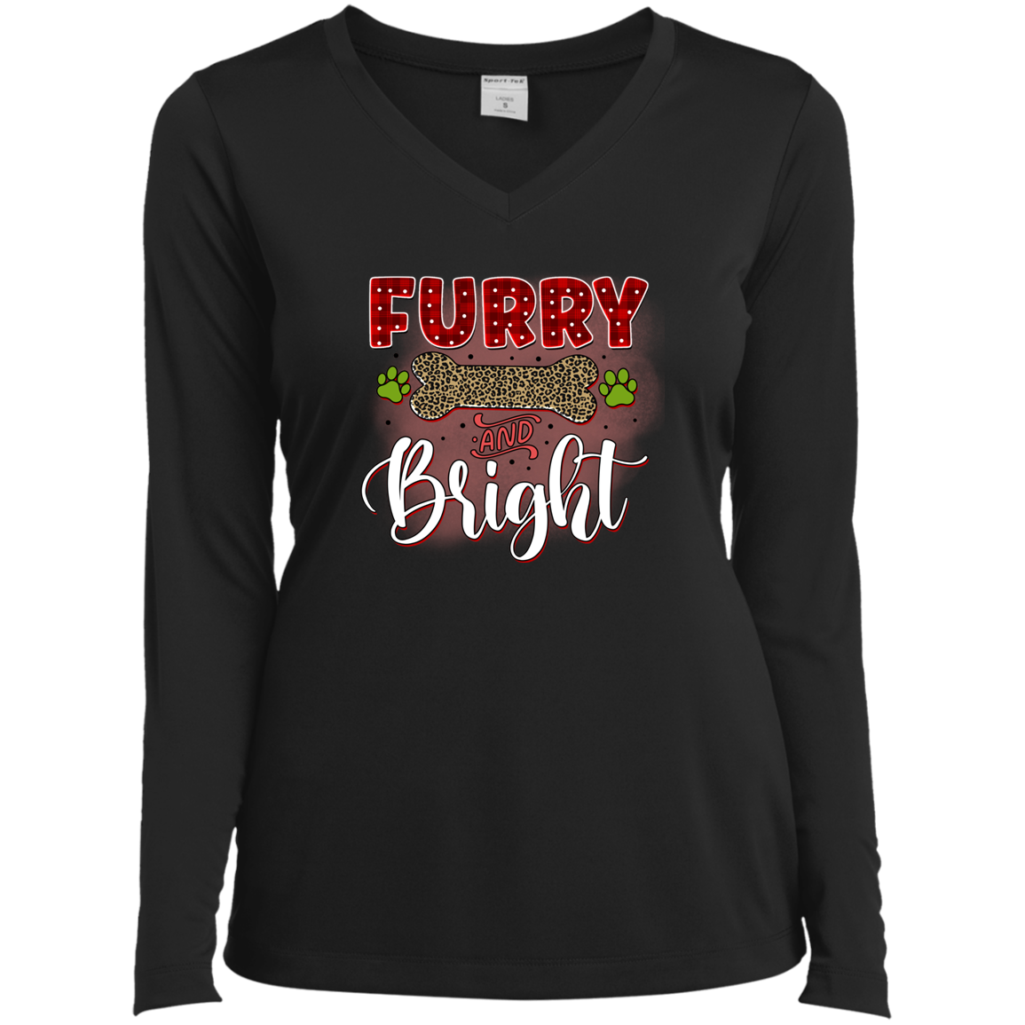 Furry & Bright Dog Christmas Ladies’ Long Sleeve Performance V-Neck Tee