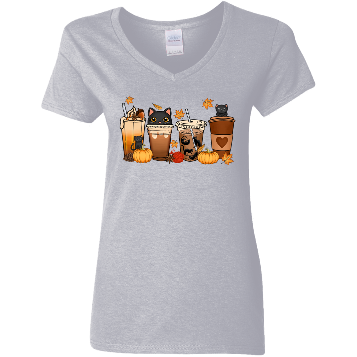 Kitten Fall Halloween Coffee Ladies' 5.3 oz. V-Neck T-Shirt